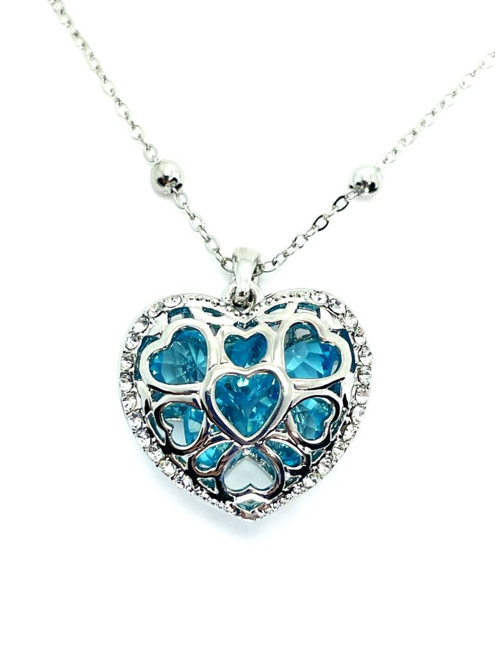 Heart Filigree Pendant Necklace with Blue Sapphire Austrian Crystals, 31"